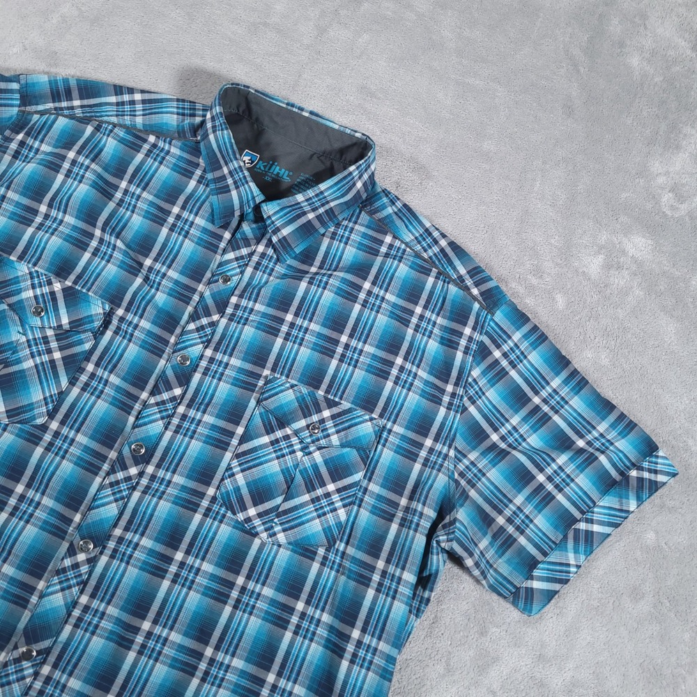 KUHL Shirt Men XXL Blue Plaid Eluxur Short Sleeve Pearl Snap Hiking Outdoor